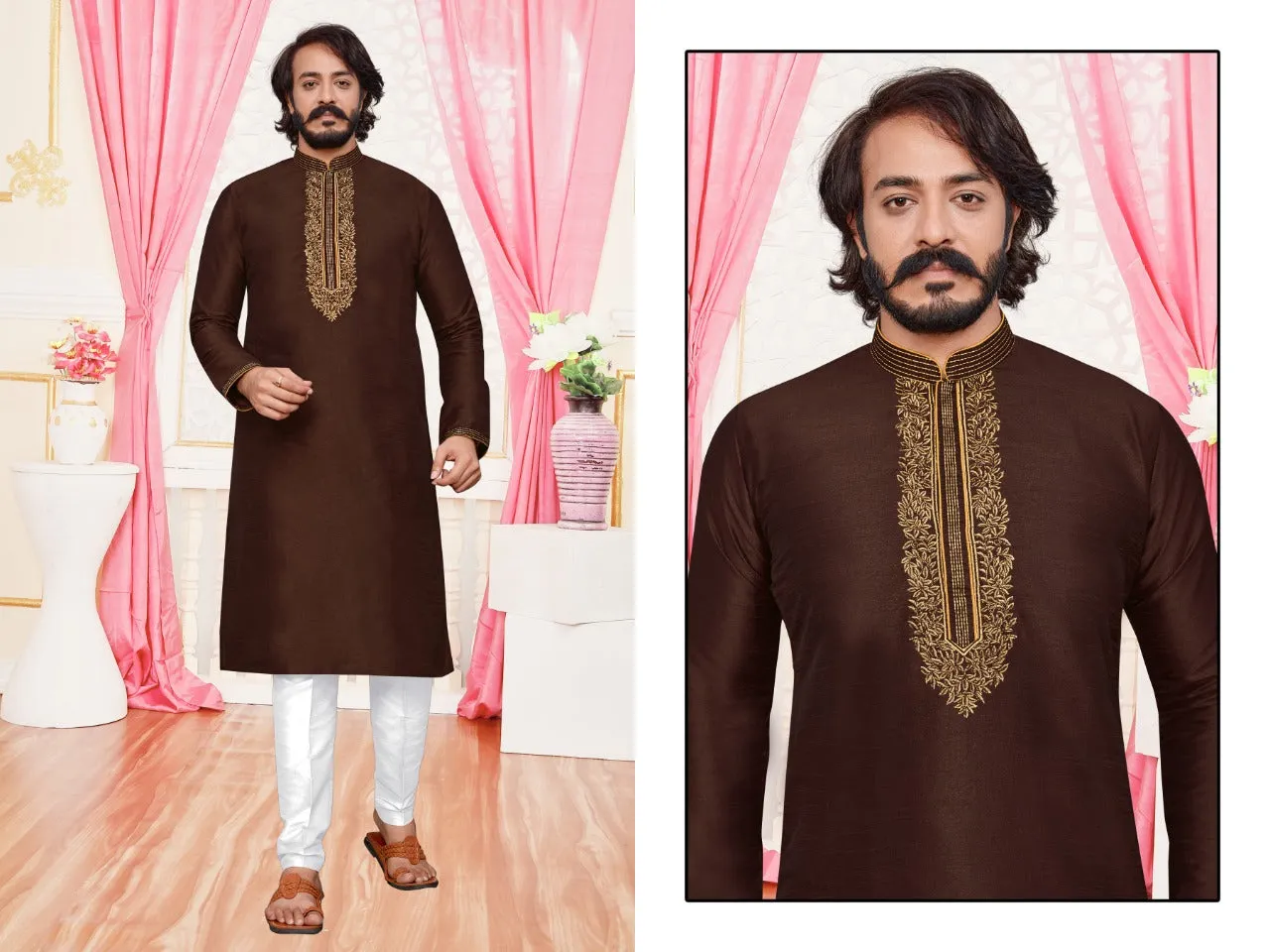 Men's Embroidered Art Silk Kurta Pajama Set - Brown