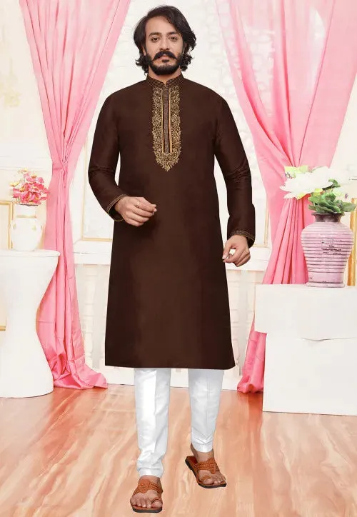 Men's Embroidered Art Silk Kurta Pajama Set - Brown