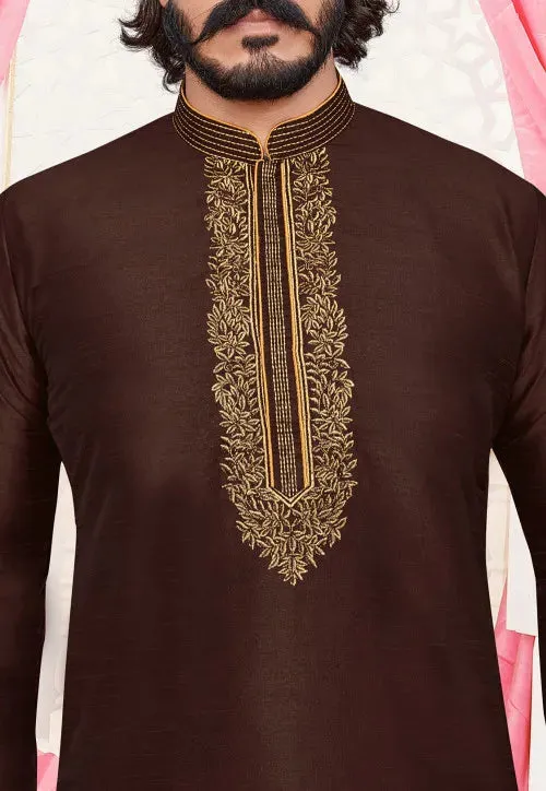 Men's Embroidered Art Silk Kurta Pajama Set - Brown