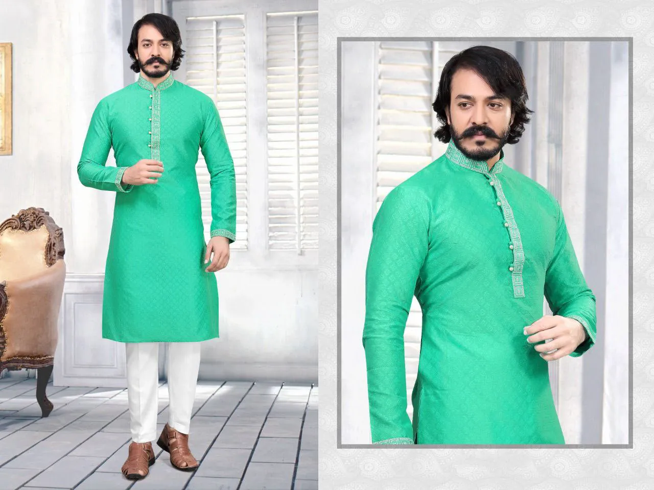 Men's Fancy Embroidered Cotton Silk Kurta Pajama Set - Sea Green