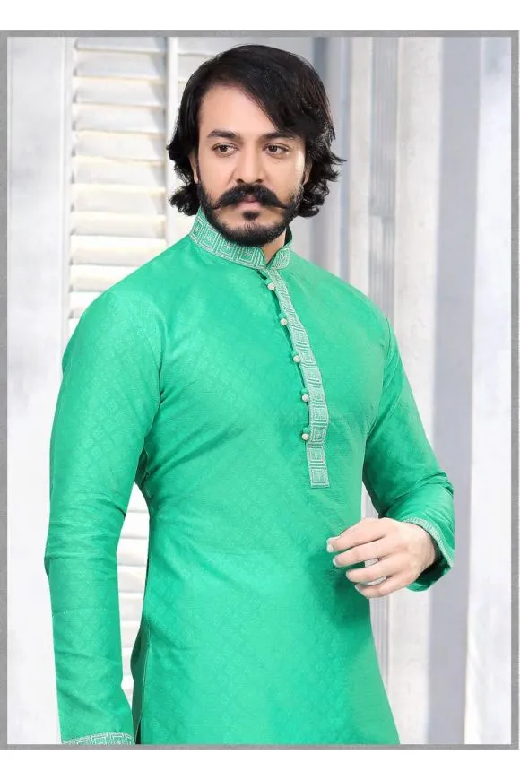 Men's Fancy Embroidered Cotton Silk Kurta Pajama Set - Sea Green