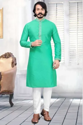 Men's Fancy Embroidered Cotton Silk Kurta Pajama Set - Sea Green