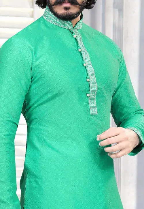 Men's Fancy Embroidered Cotton Silk Kurta Pajama Set - Sea Green