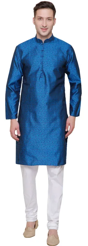 Men's Jacquard Silk Kurta Pajama India Clothing (Blue)