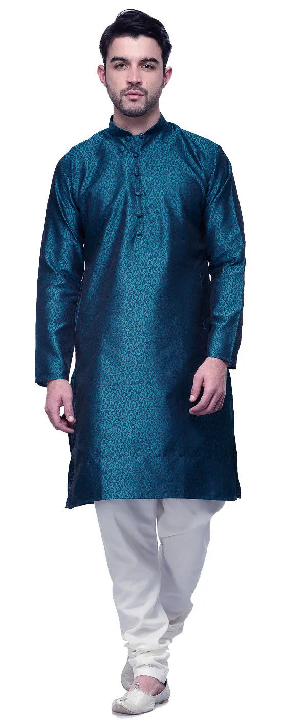 Mens Kurta Pajama Jacquard Silk Indian Party Wear (Blue)