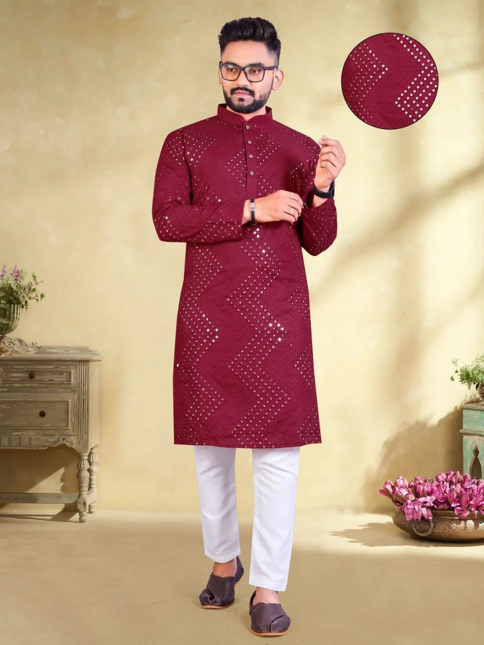 Men's Mirror Embroidery Work Maroon Color Cotton Kurta Pajama Set