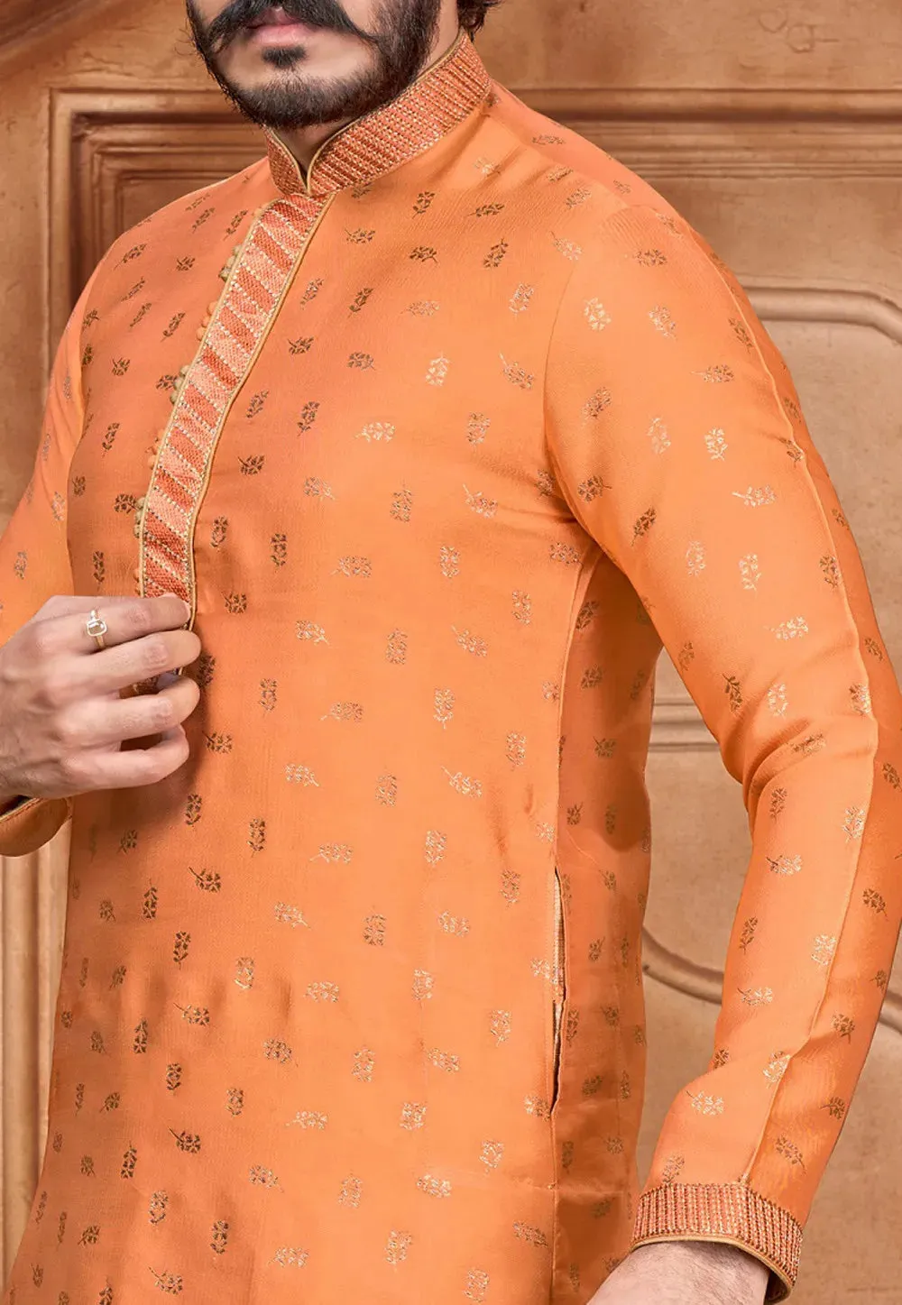 Men's Pure Jacquard Leaf Work Kurta Pajama Set In Orange