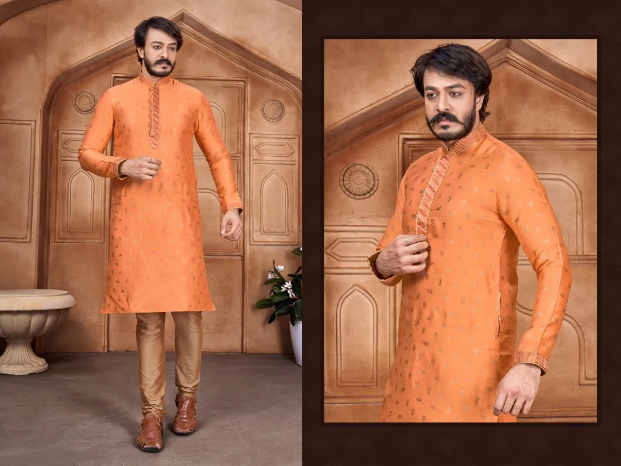 Men's Pure Jacquard Leaf Work Kurta Pajama Set In Orange