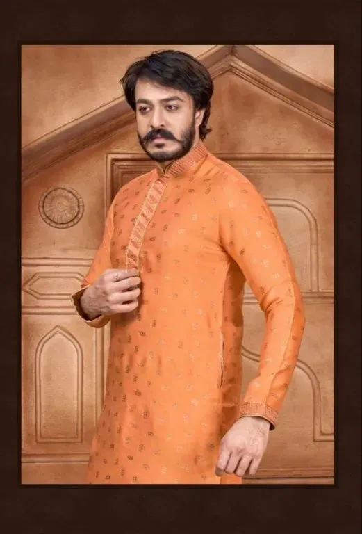 Men's Pure Jacquard Leaf Work Kurta Pajama Set In Orange