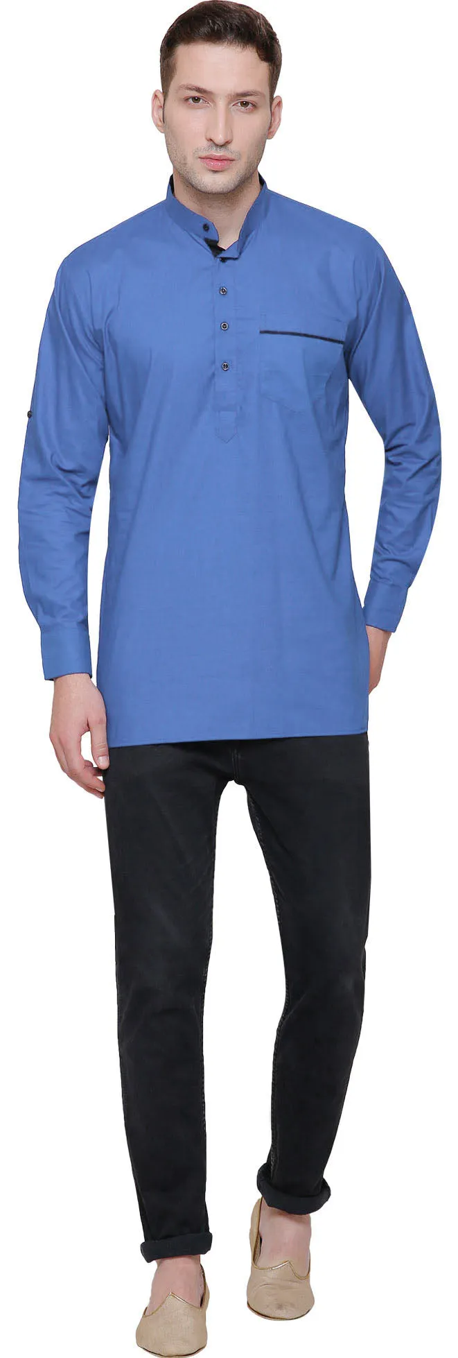 Men's Short Kurta Cotton Indian Fashion Clothes (Light Blue)