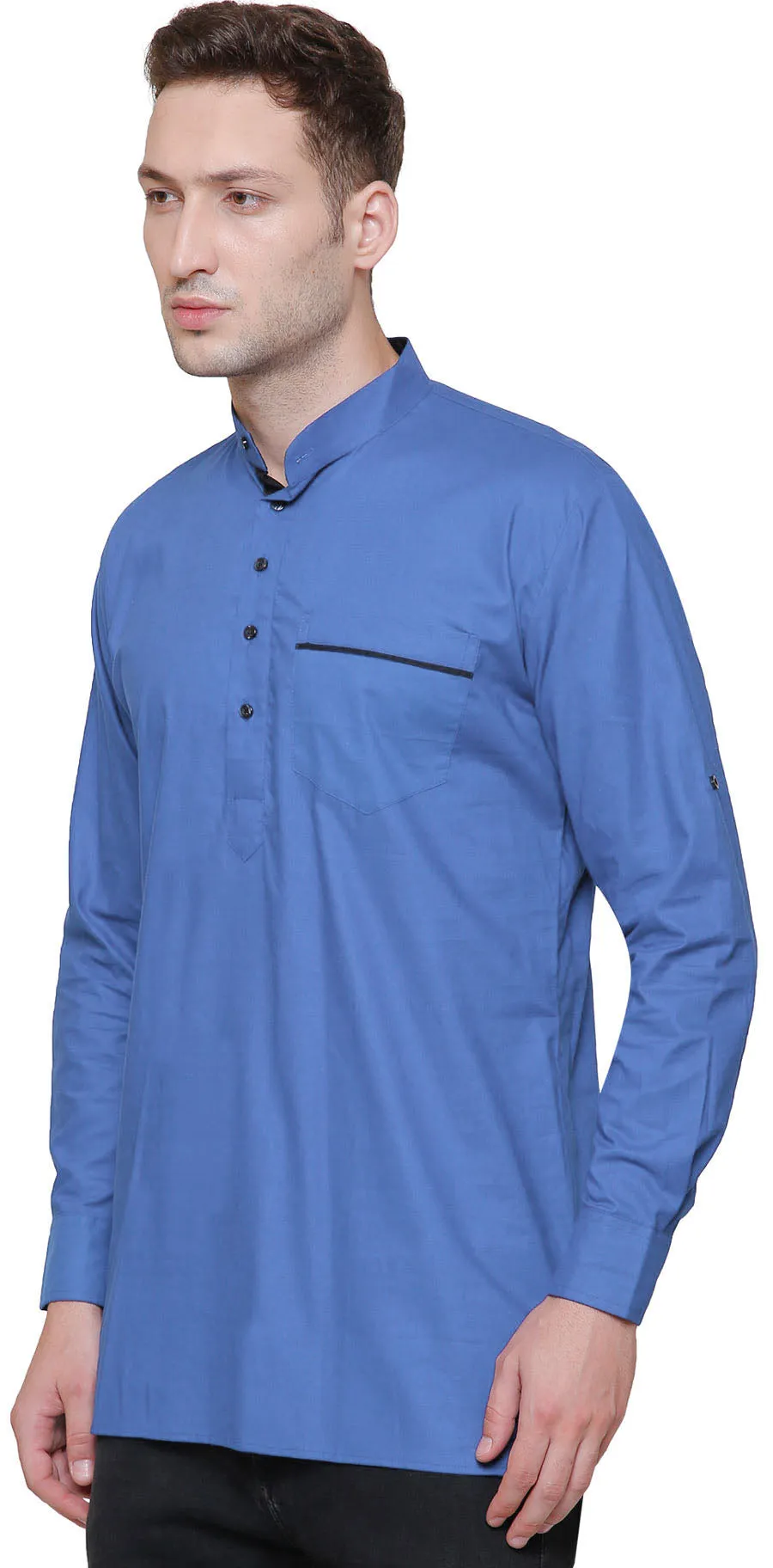 Men's Short Kurta Cotton Indian Fashion Clothes (Light Blue)