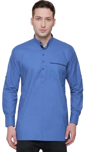 Men's Short Kurta Cotton Indian Fashion Clothes (Light Blue)