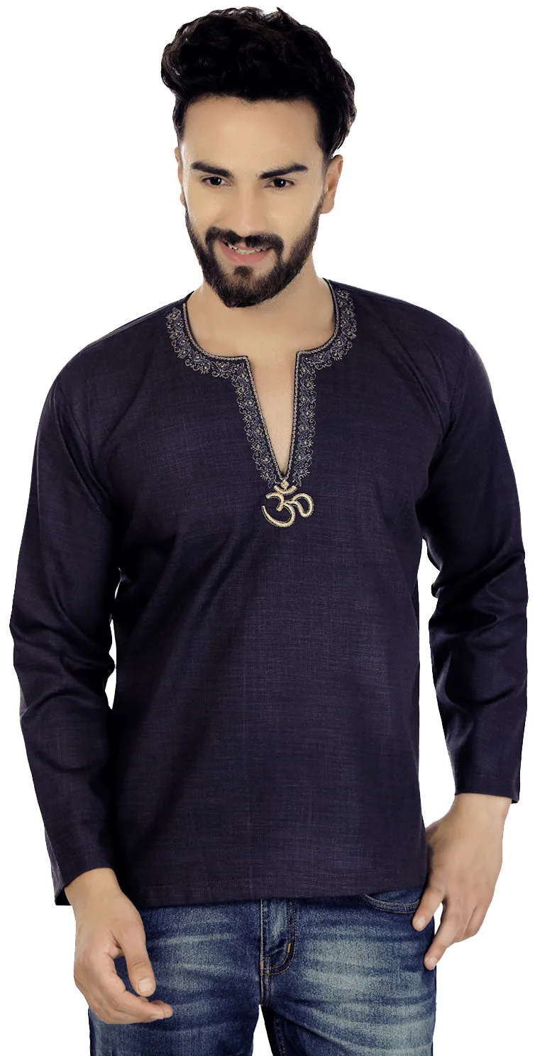 Men's Short Kurta OM Cotton Indian Traditional Clothes (Blue)