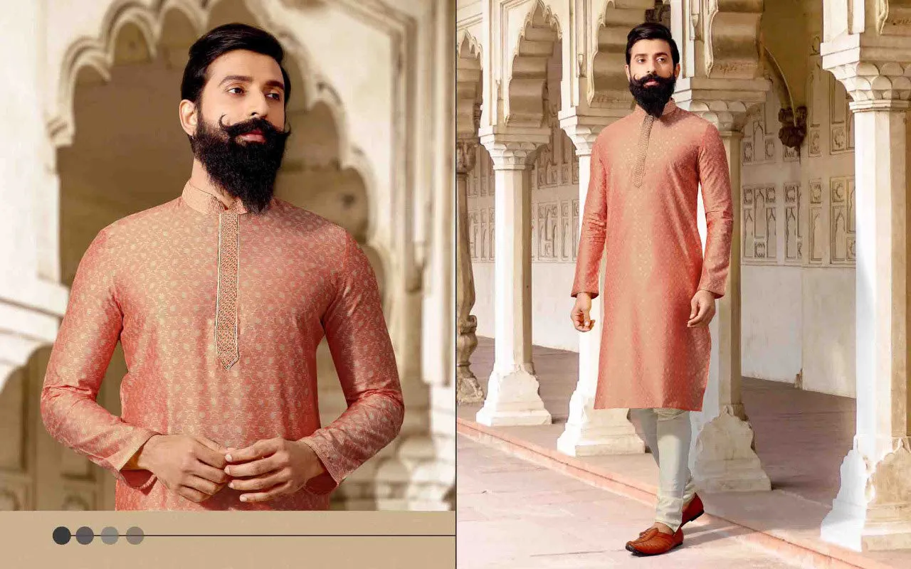 New Trendy Jacquard Silk Traditional Men's Kurta And Pajama Set - Peach