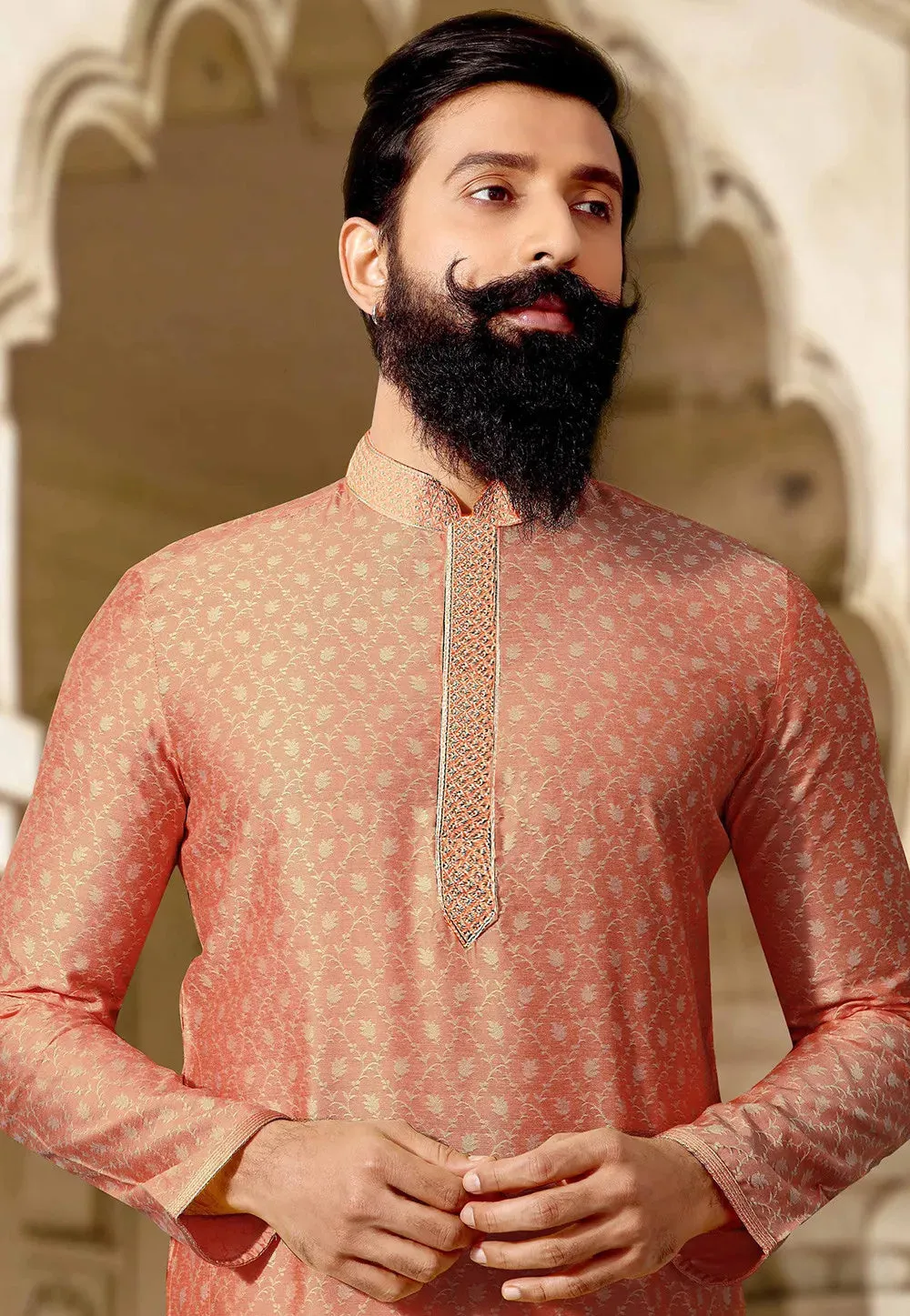 New Trendy Jacquard Silk Traditional Men's Kurta And Pajama Set - Peach