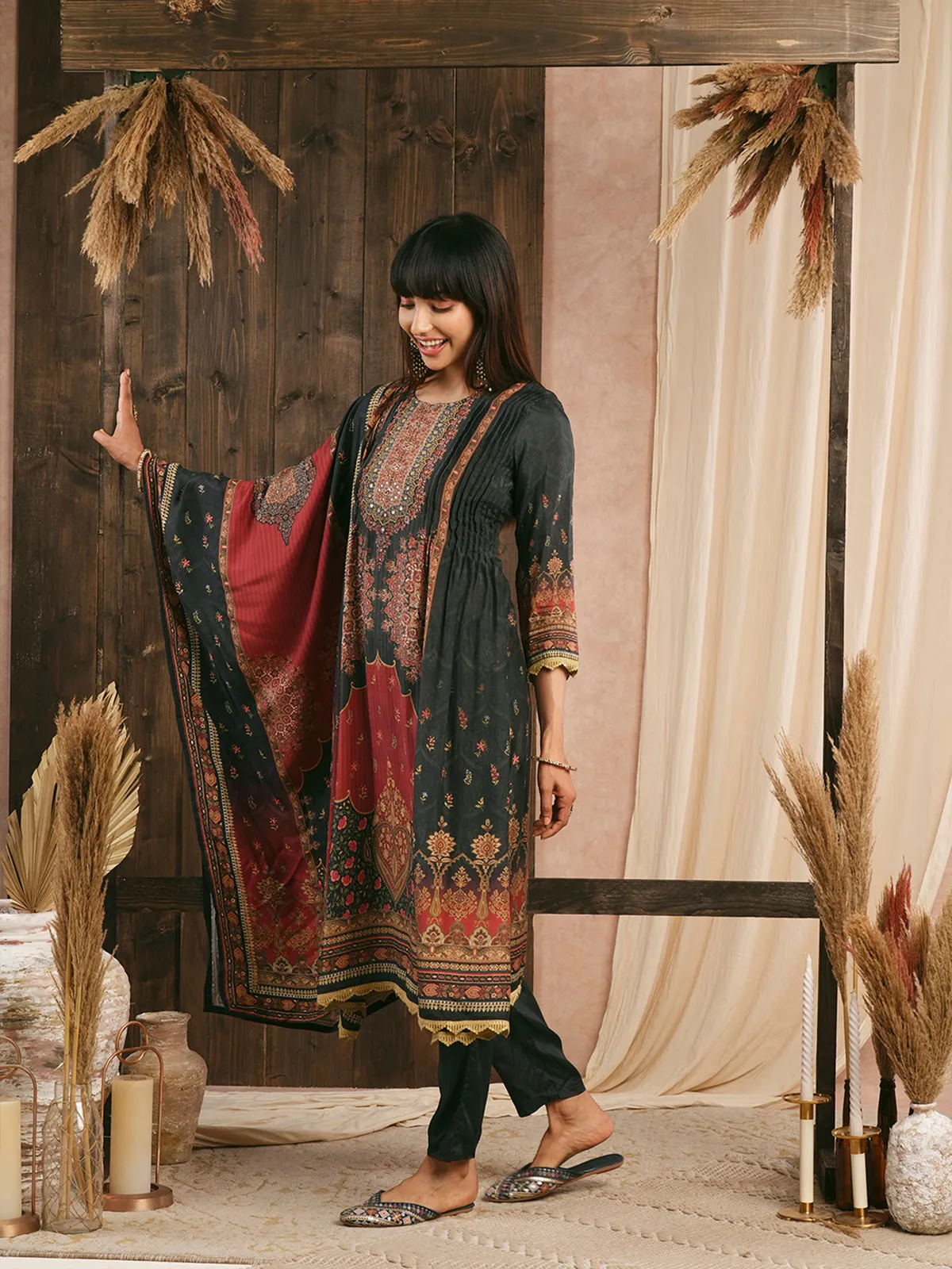 Odette Black Muslin Printed Stitched Kurta Set For Women