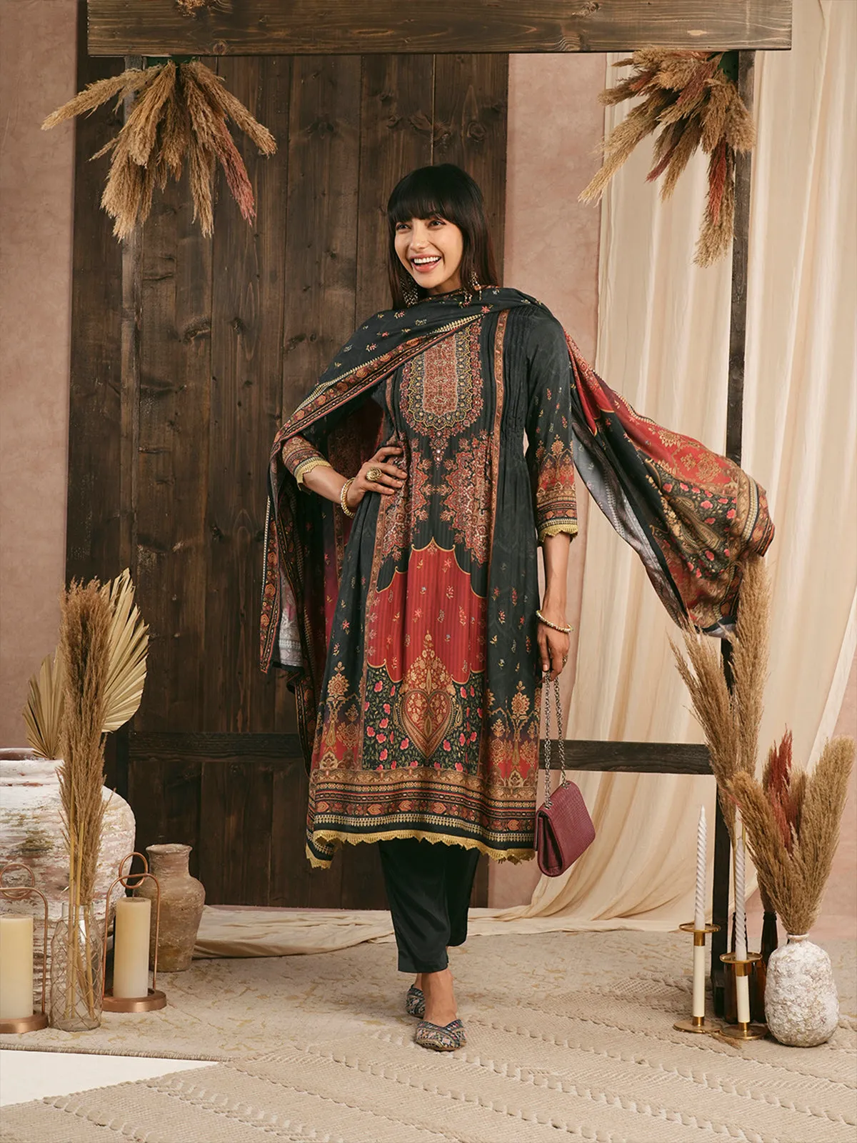 Odette Black Muslin Printed Stitched Kurta Set For Women