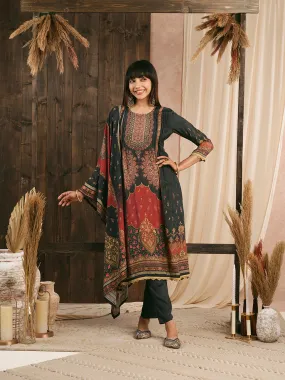 Odette Black Muslin Printed Stitched Kurta Set For Women