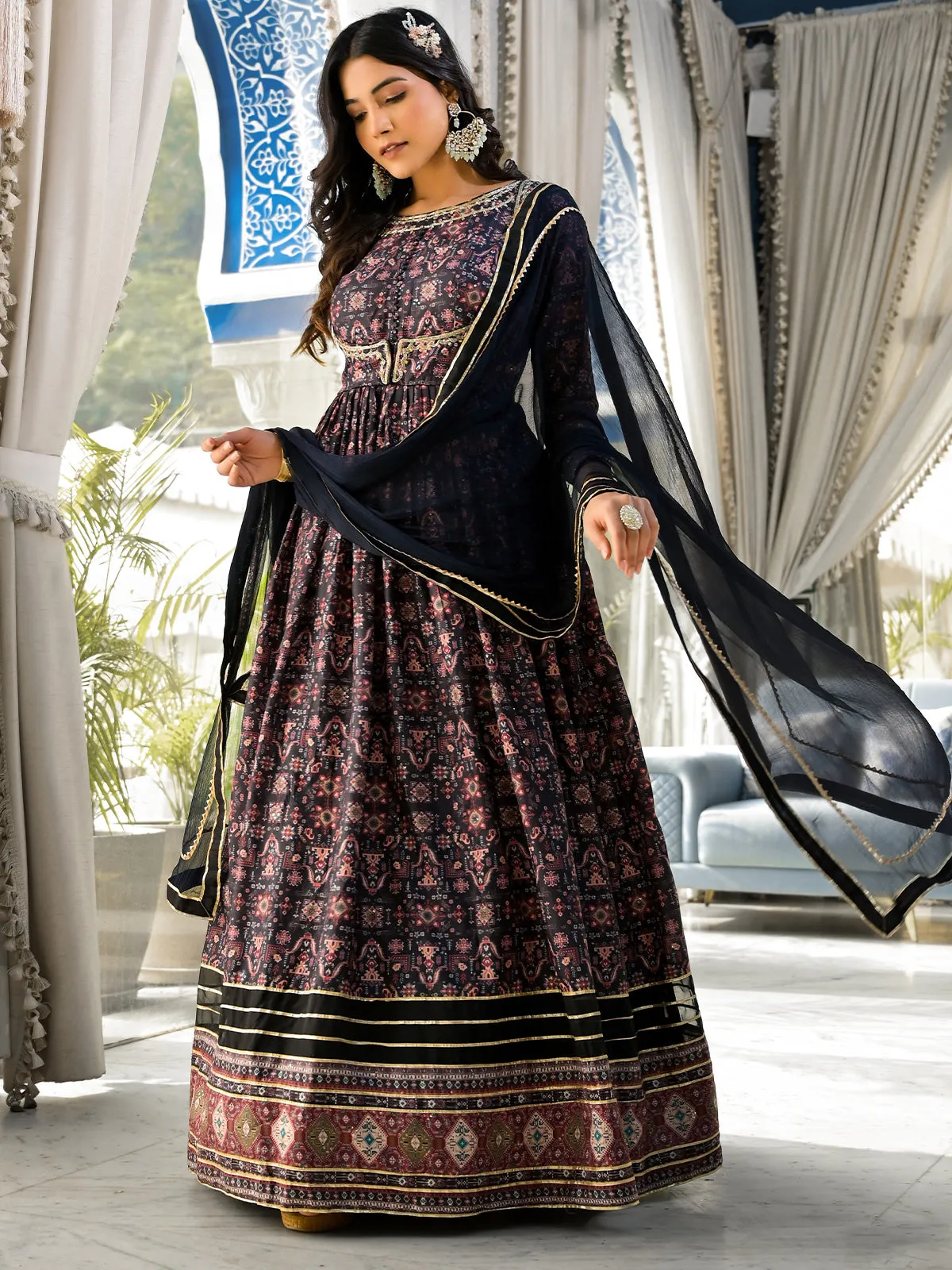 Odette Black Printed Dola Silk Gown with Dupatta For Women