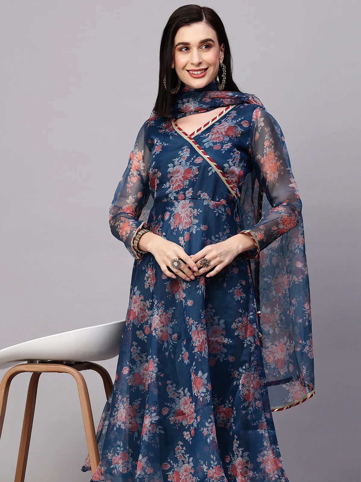 Odette Blue Organza Printed Stitched Kurta Set For Women