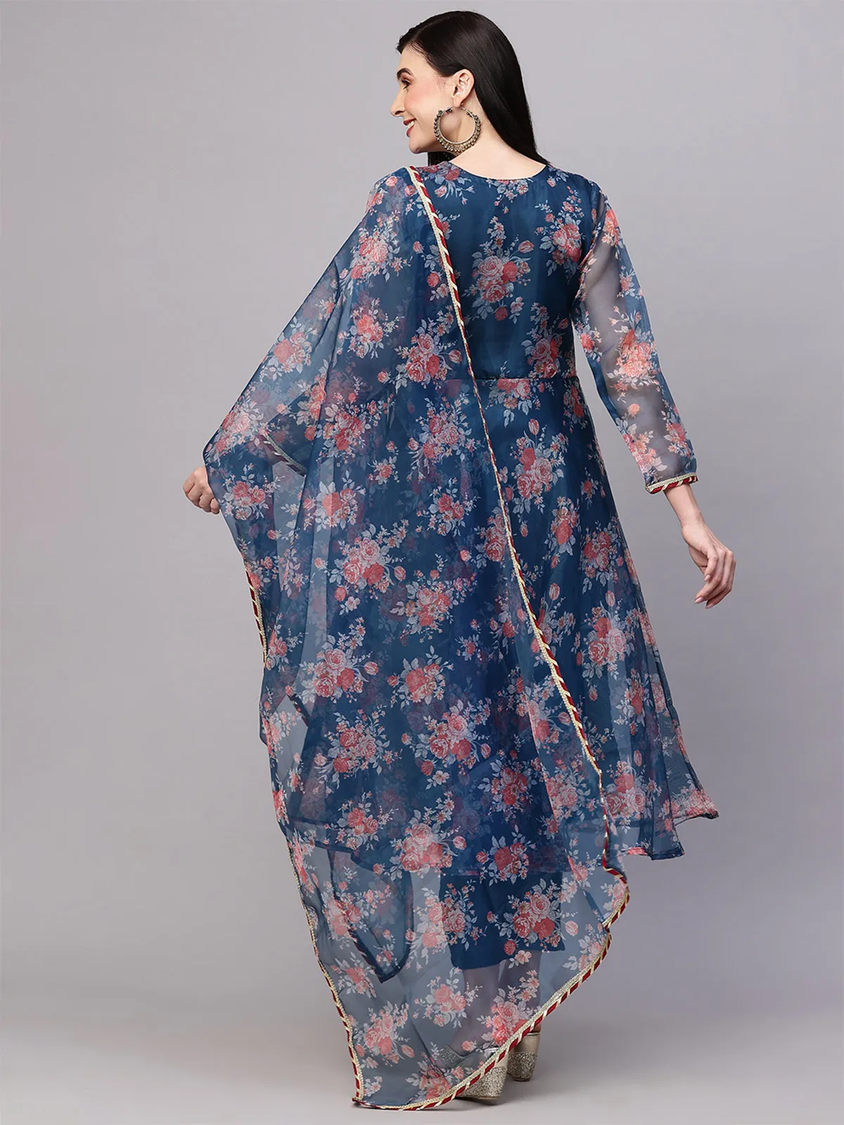 Odette Blue Organza Printed Stitched Kurta Set For Women