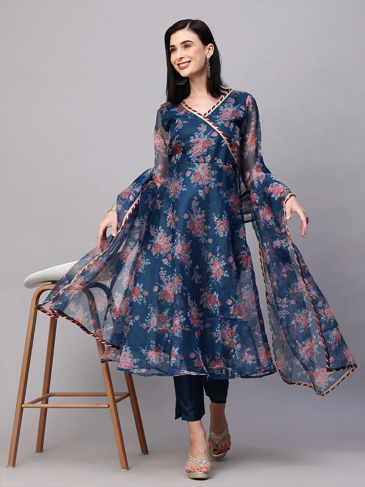 Odette Blue Organza Printed Stitched Kurta Set For Women