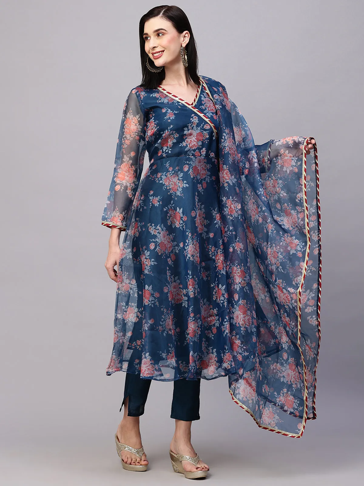 Odette Blue Organza Printed Stitched Kurta Set For Women