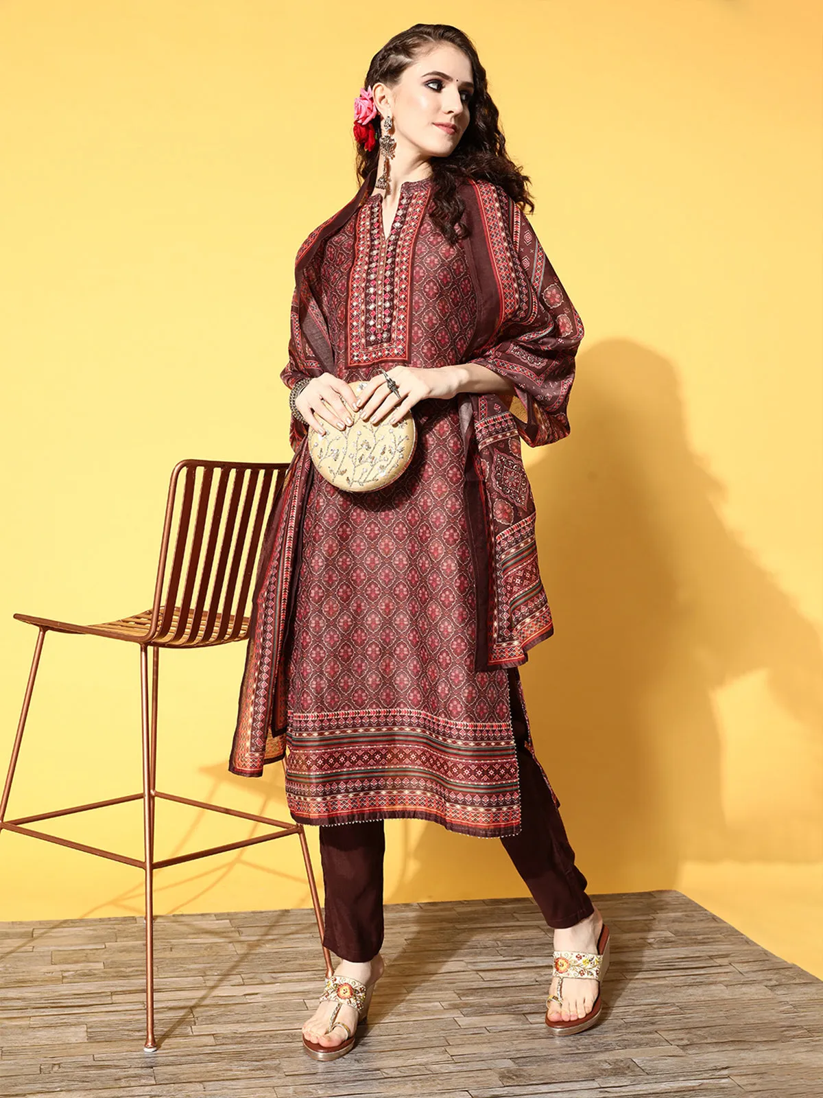 Odette Brown Chanderi Silk Stitched Kurta Set for Women