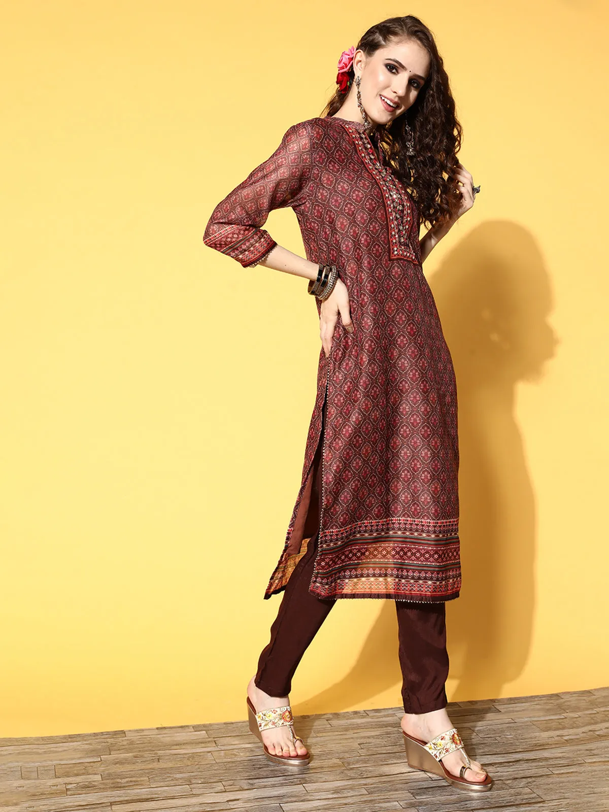 Odette Brown Chanderi Silk Stitched Kurta Set for Women