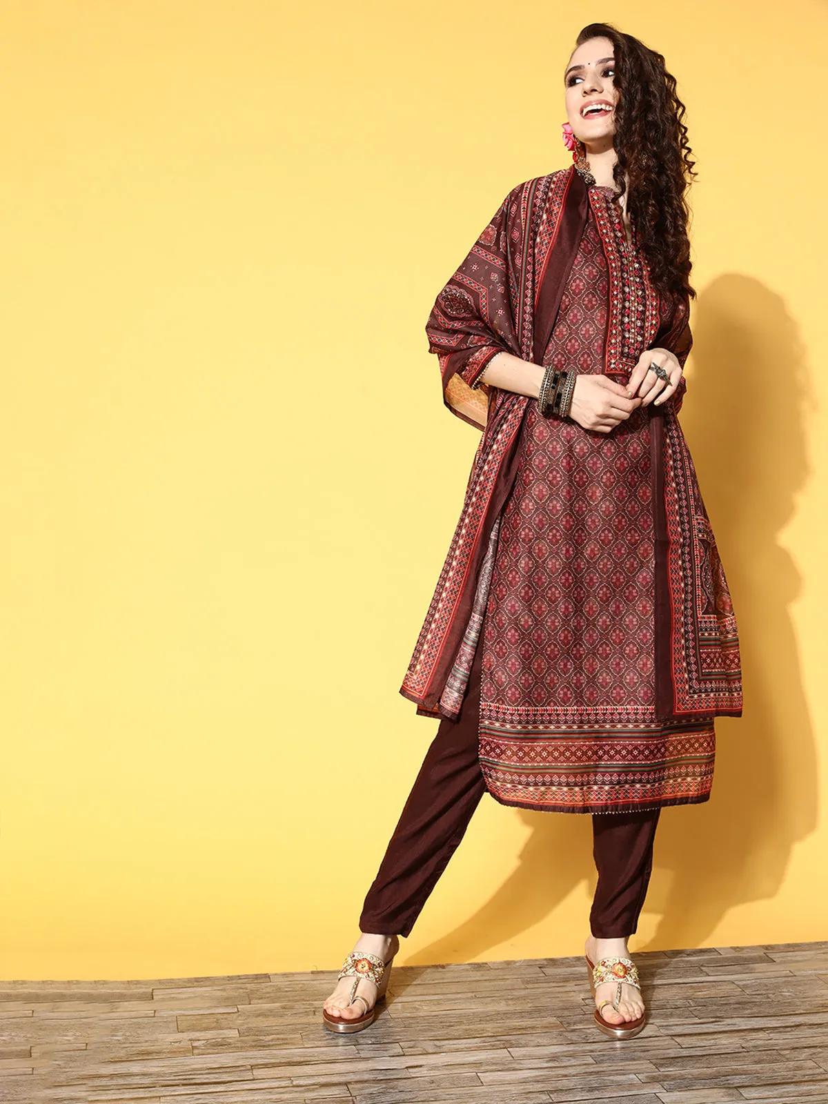 Odette Brown Chanderi Silk Stitched Kurta Set for Women