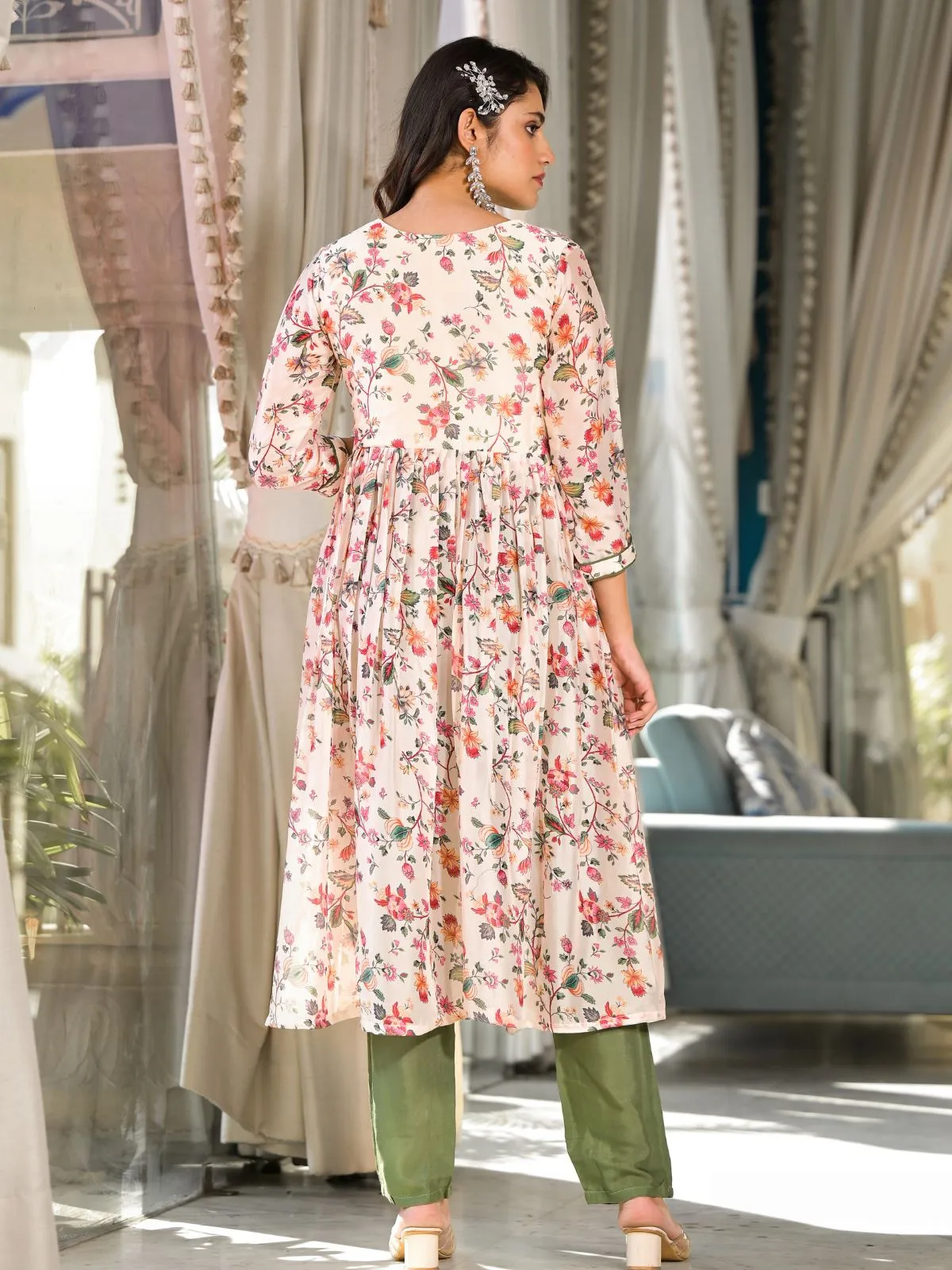 Odette Cream  Printed Georgette Stitched Kurta Set For Women