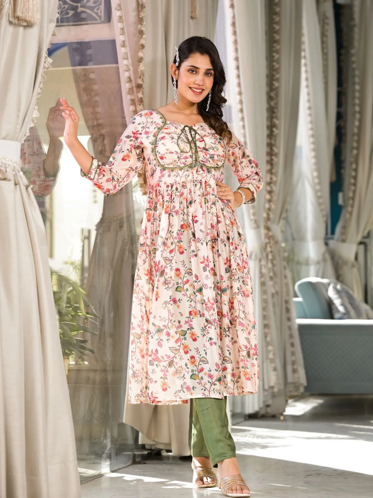 Odette Cream  Printed Georgette Stitched Kurta Set For Women