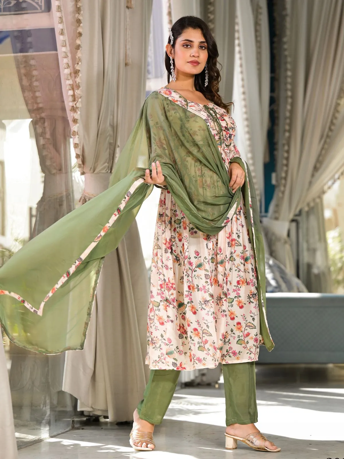 Odette Cream  Printed Georgette Stitched Kurta Set For Women