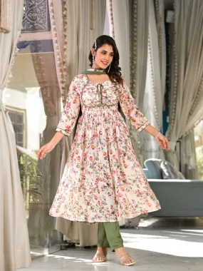 Odette Cream  Printed Georgette Stitched Kurta Set For Women