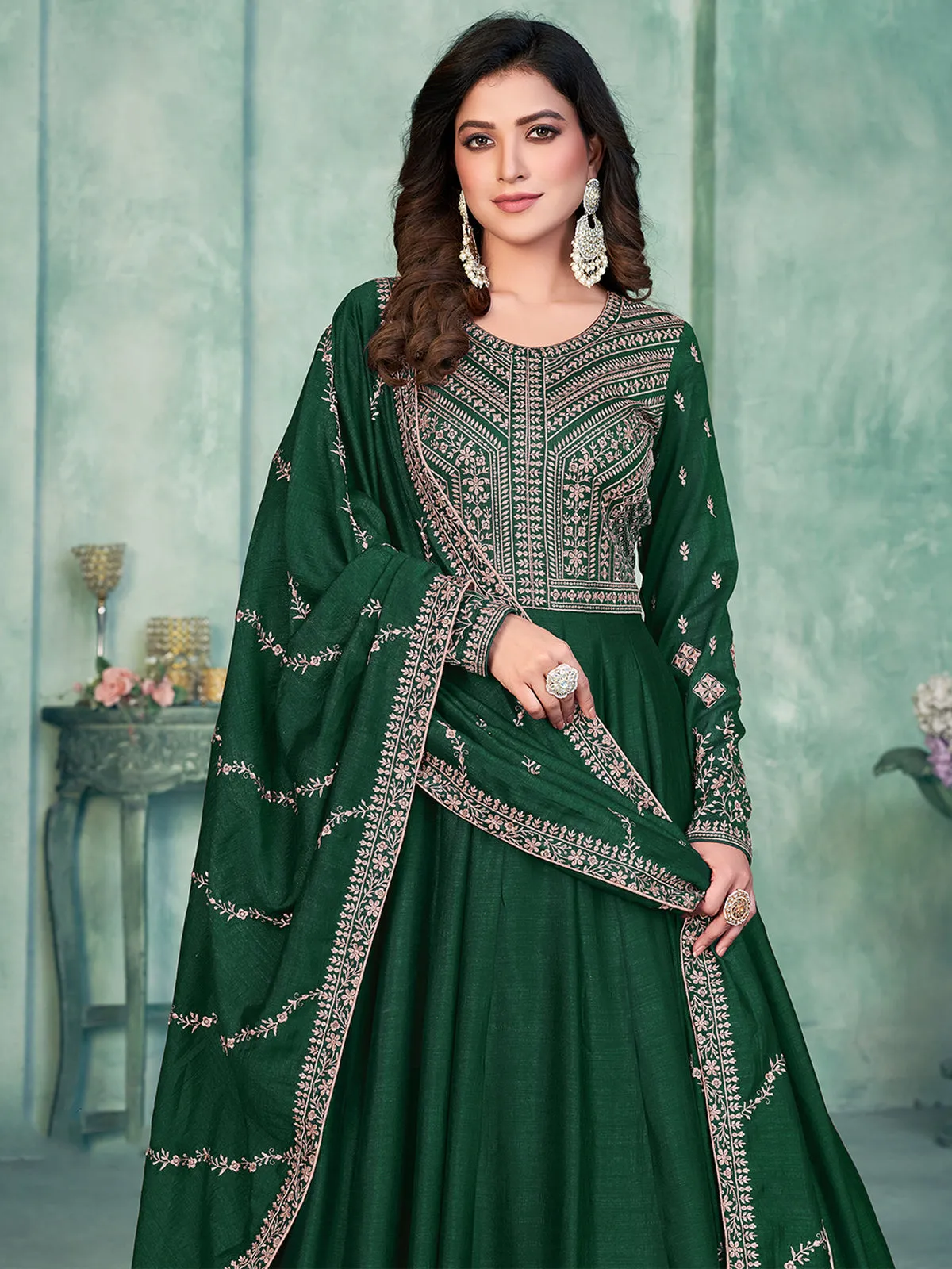 Odette Green Art Silk Embroidered Semi stitched Kurta Set with Inner For Women