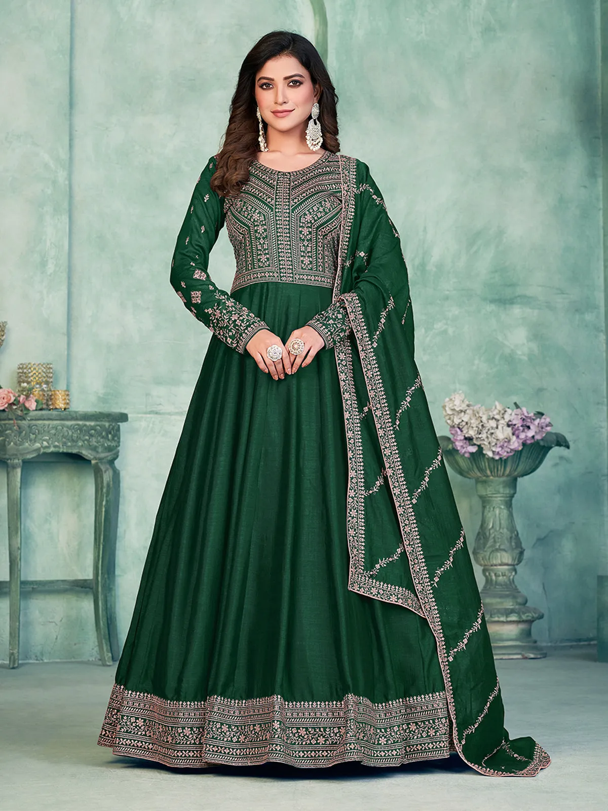 Odette Green Art Silk Embroidered Semi stitched Kurta Set with Inner For Women