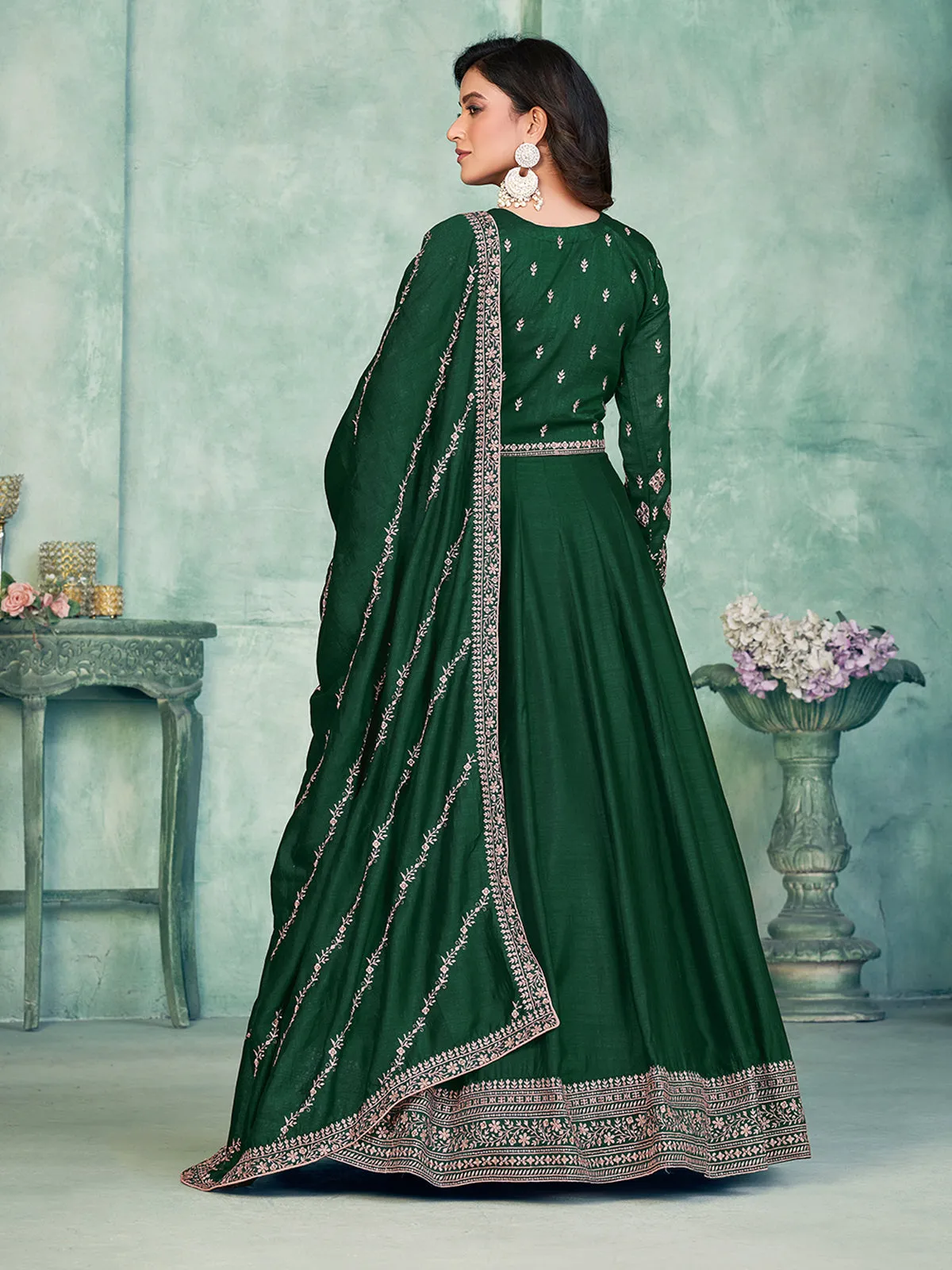 Odette Green Art Silk Embroidered Semi stitched Kurta Set with Inner For Women