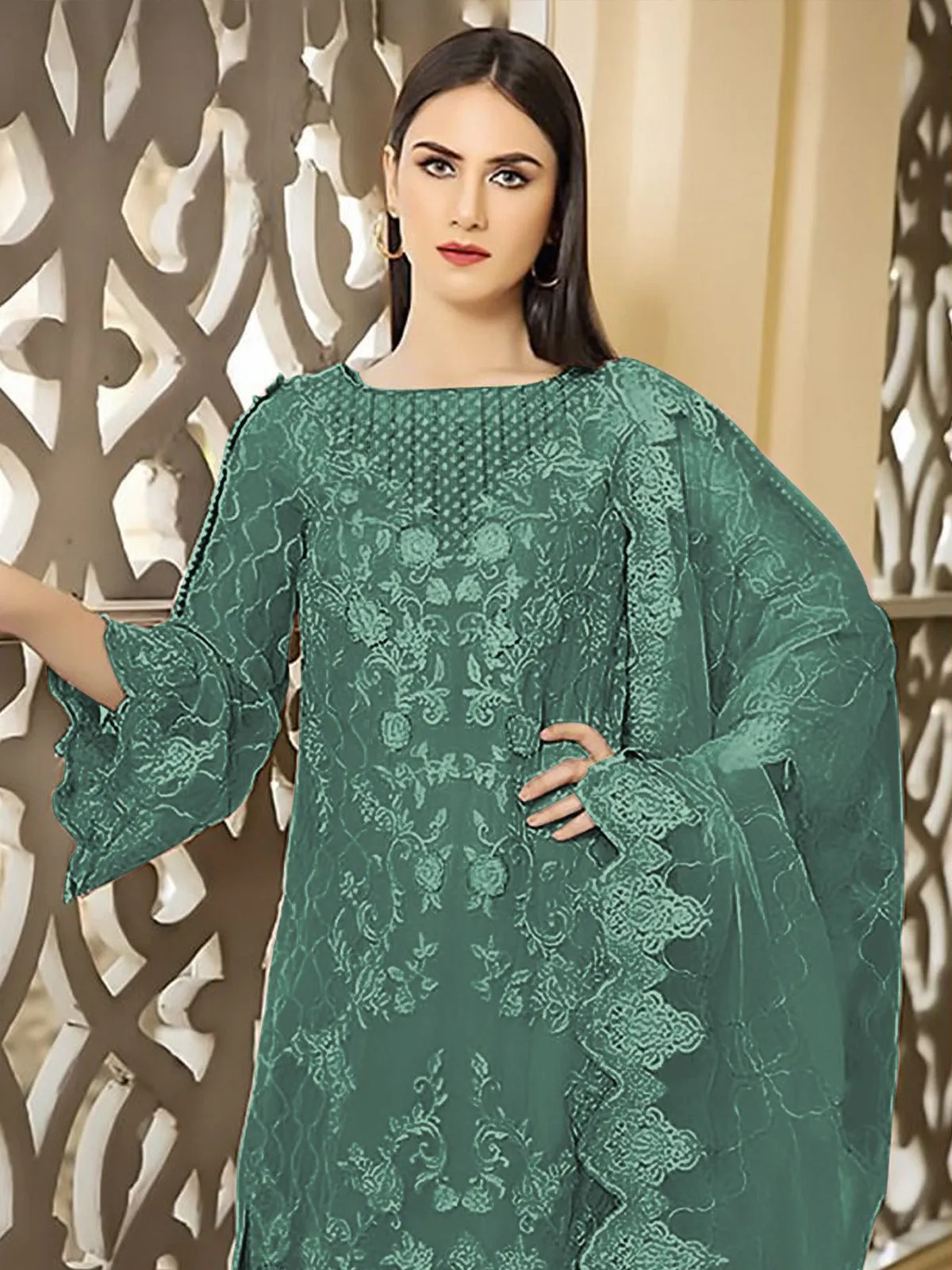 Odette Green Georgette Embroidered Semi Stitched Kurta Set For Women