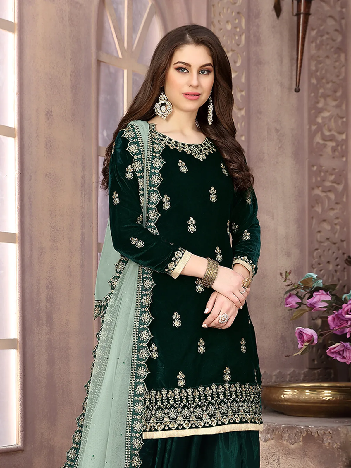 Odette Green Velvet Embroidered Semi stitched Kurta Set For Women