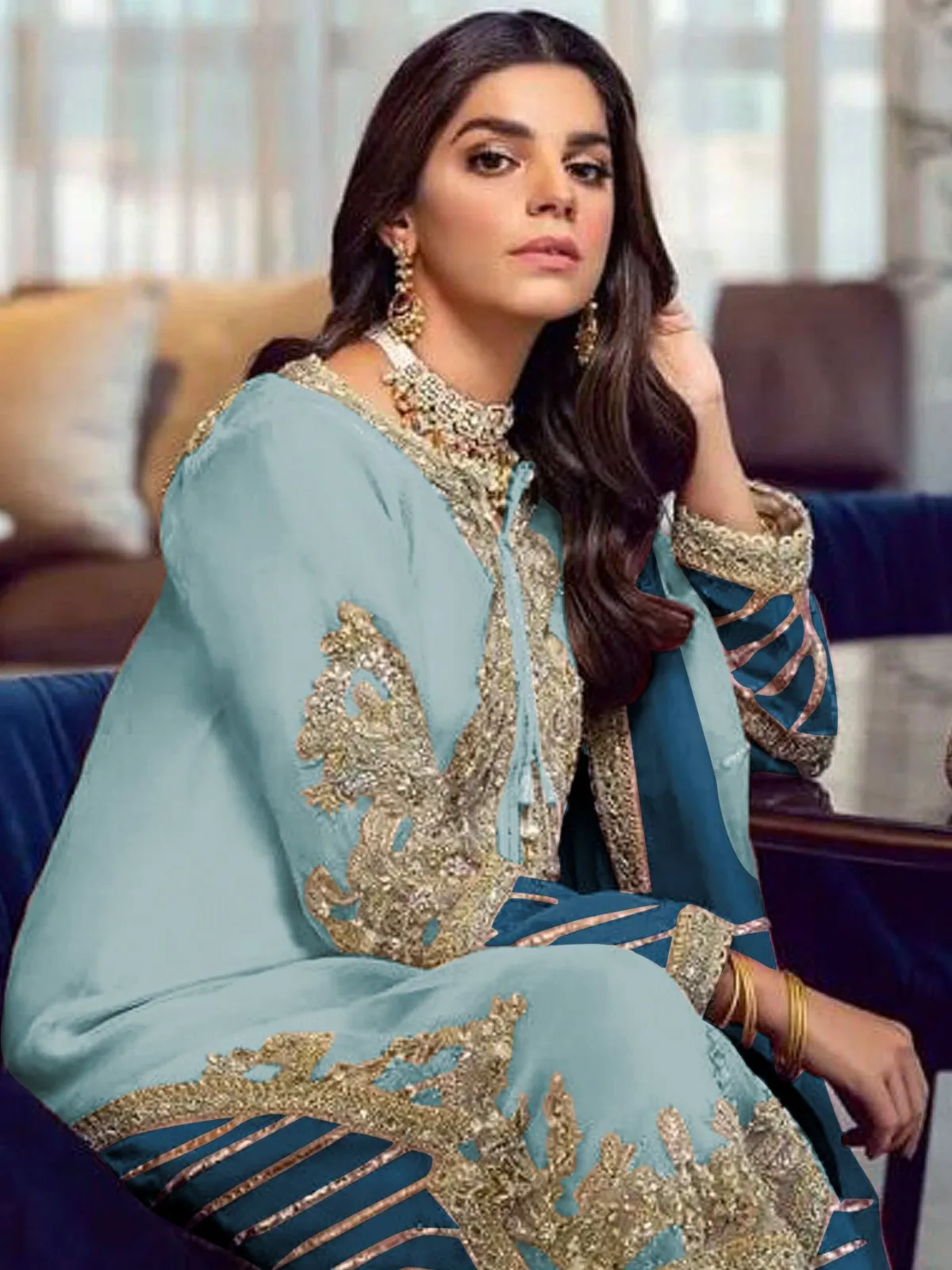 Odette Light Blue Georgette Embellished Semi stitched Kurta Set For Women