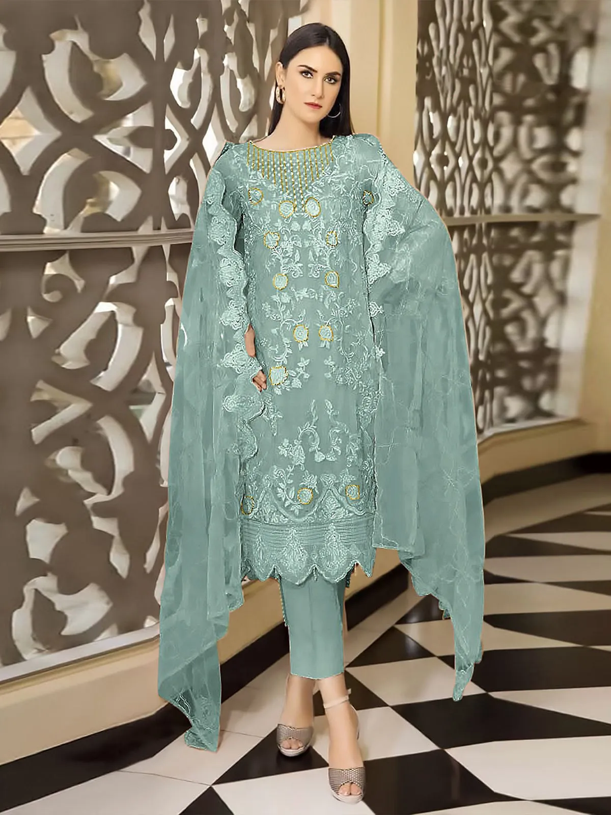 Odette Light Blue Georgette Embroidered Semi stitched Kurta Set For Women