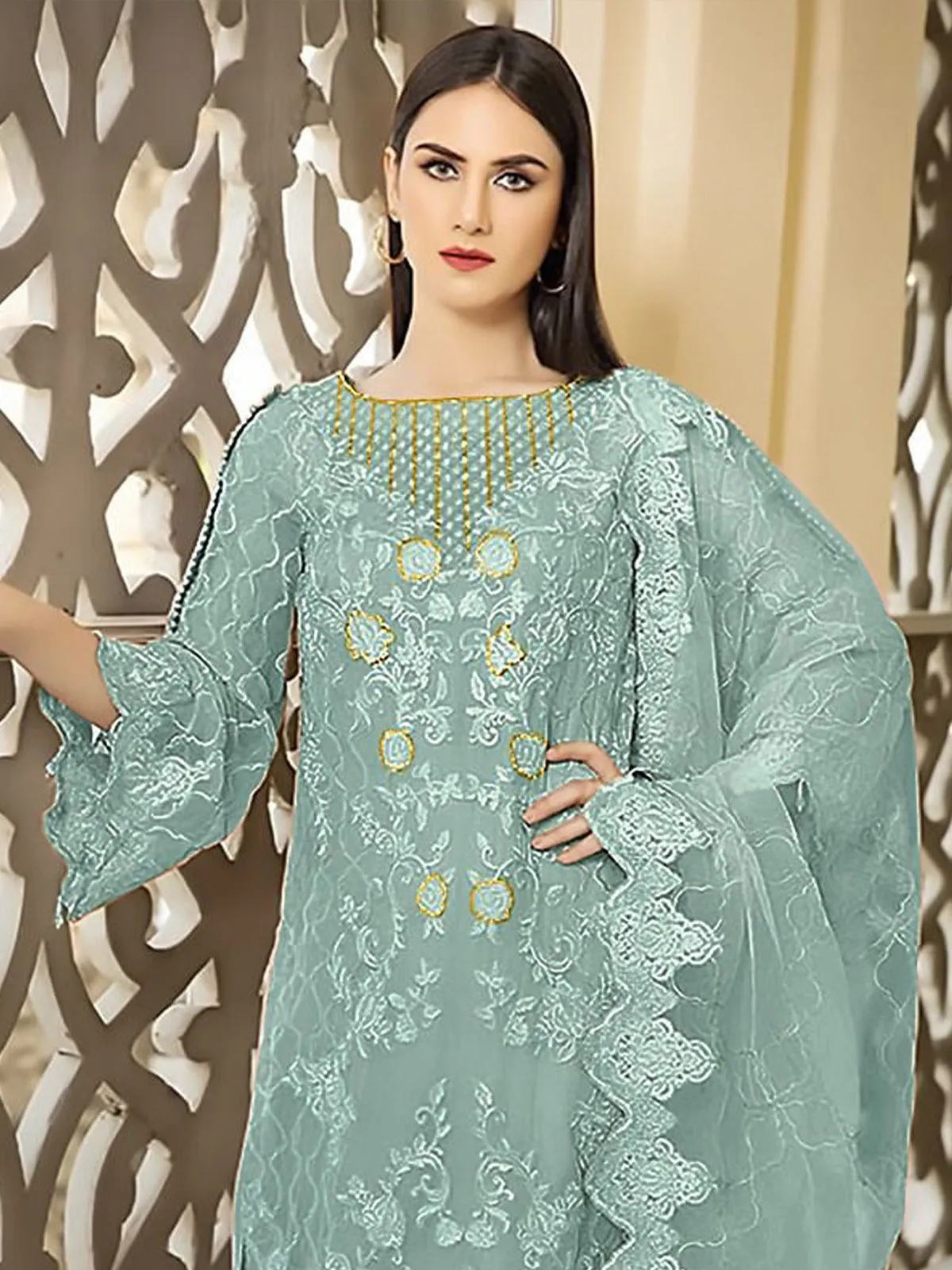 Odette Light Blue Georgette Embroidered Semi stitched Kurta Set For Women