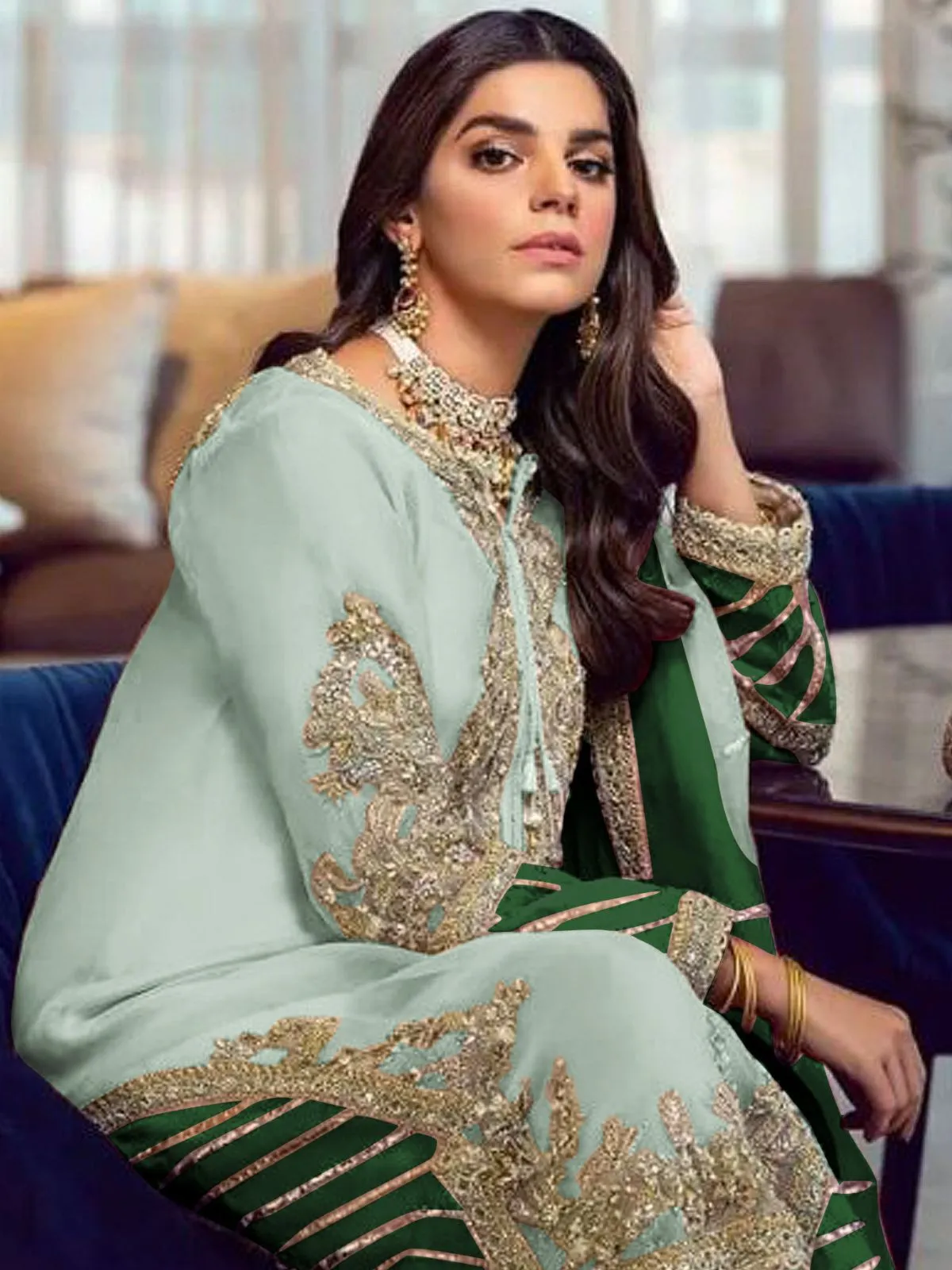 Odette Light Green Georgette Embellished Semi stitched Kurta Set For Women