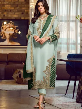 Odette Light Green Georgette Embellished Semi stitched Kurta Set For Women