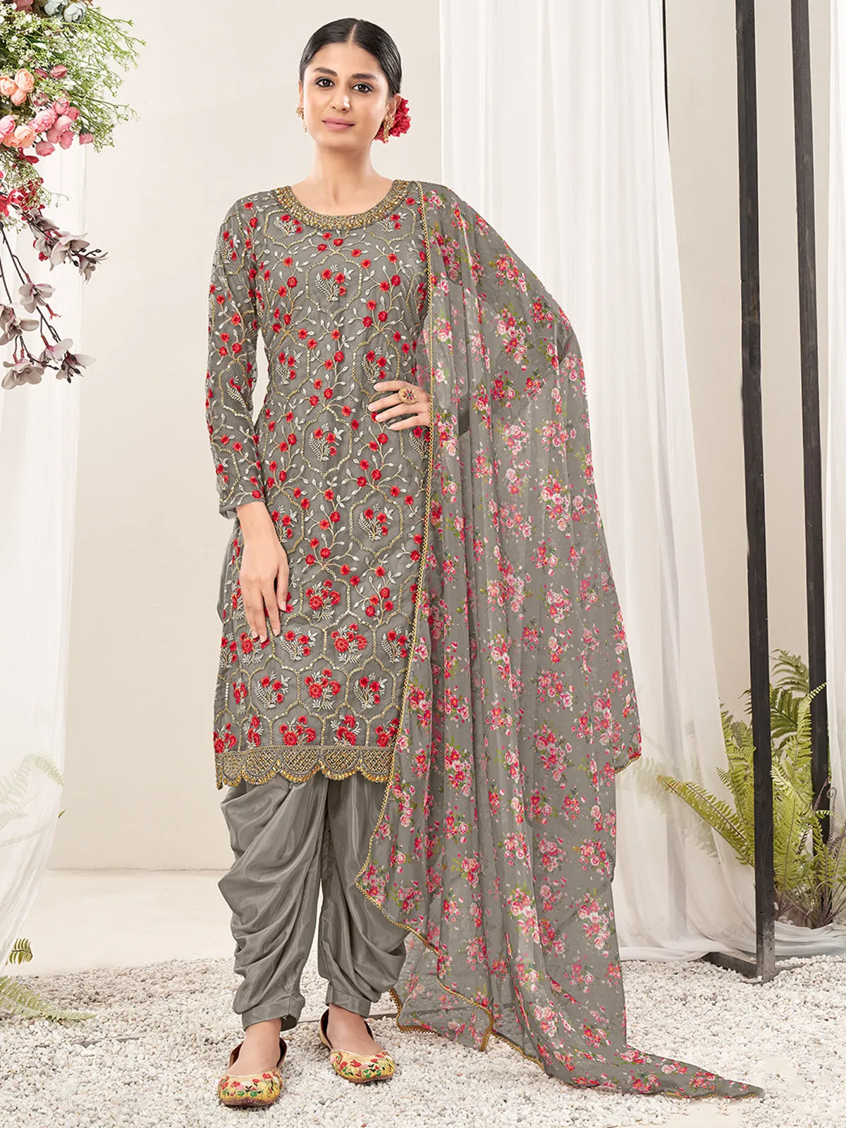 Odette Light Grey Net  Embroidered Semi stitched Kurta Set With Inner For Women