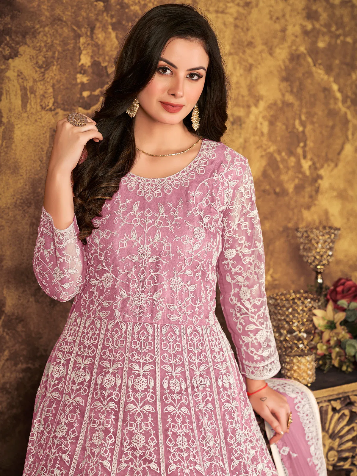 Odette Light Purple Net Embroidered Semi stitched Kurta Set with Inner For Women