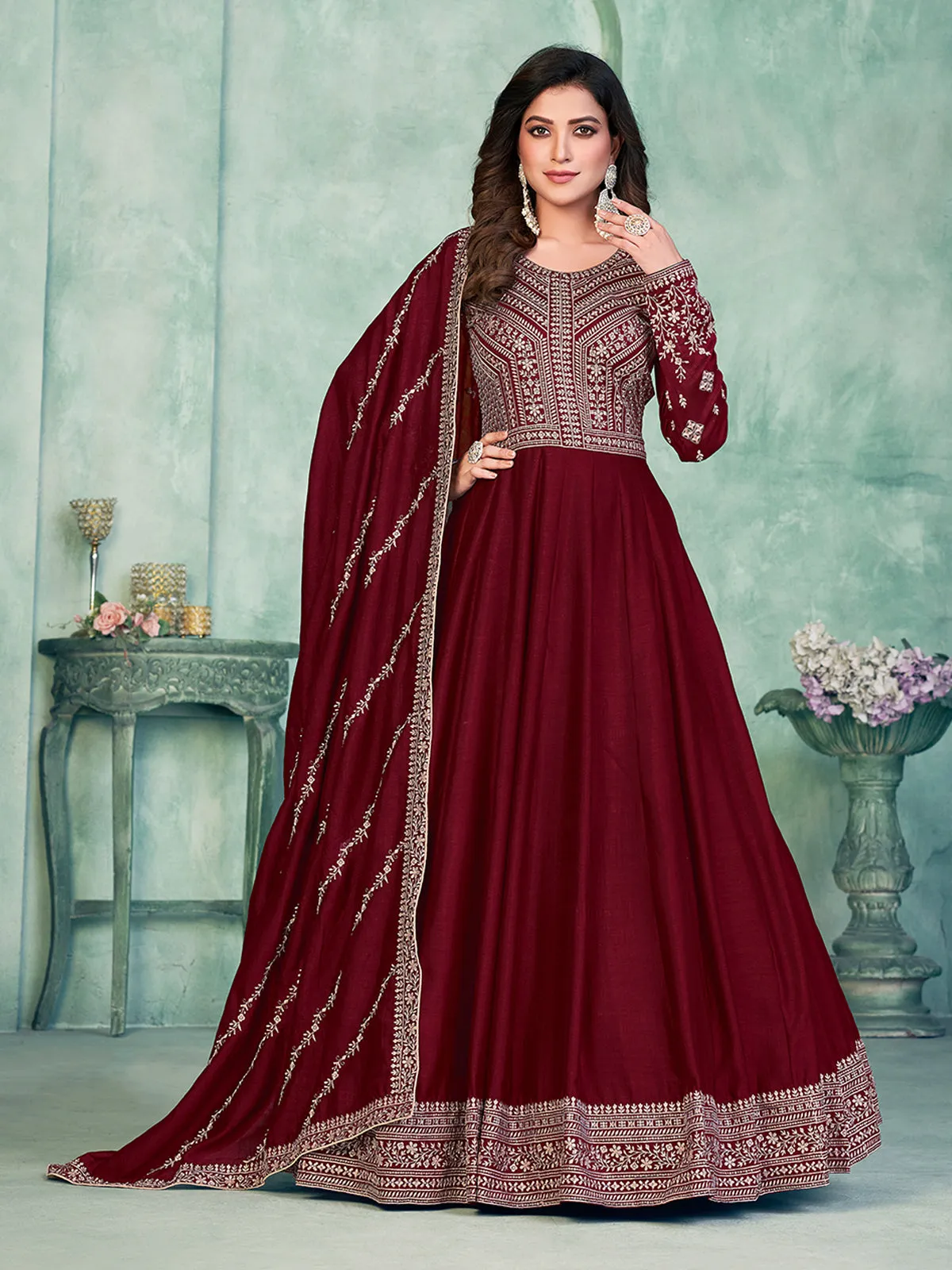 Odette Maroon Art Silk Embroidered Semi stitched Kurta Set with Inner For Women