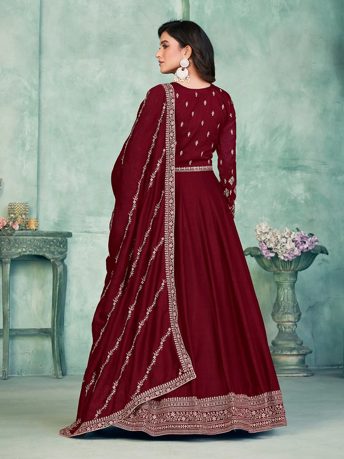 Odette Maroon Art Silk Embroidered Semi stitched Kurta Set with Inner For Women