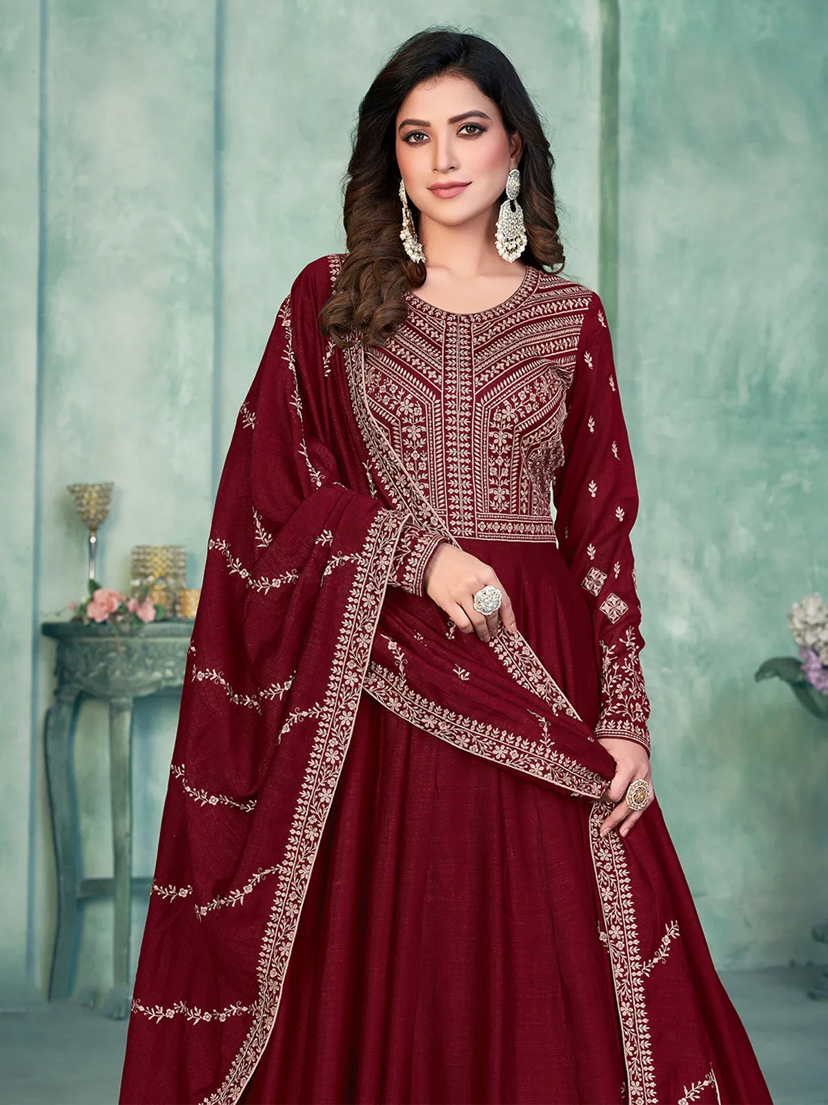 Odette Maroon Art Silk Embroidered Semi stitched Kurta Set with Inner For Women