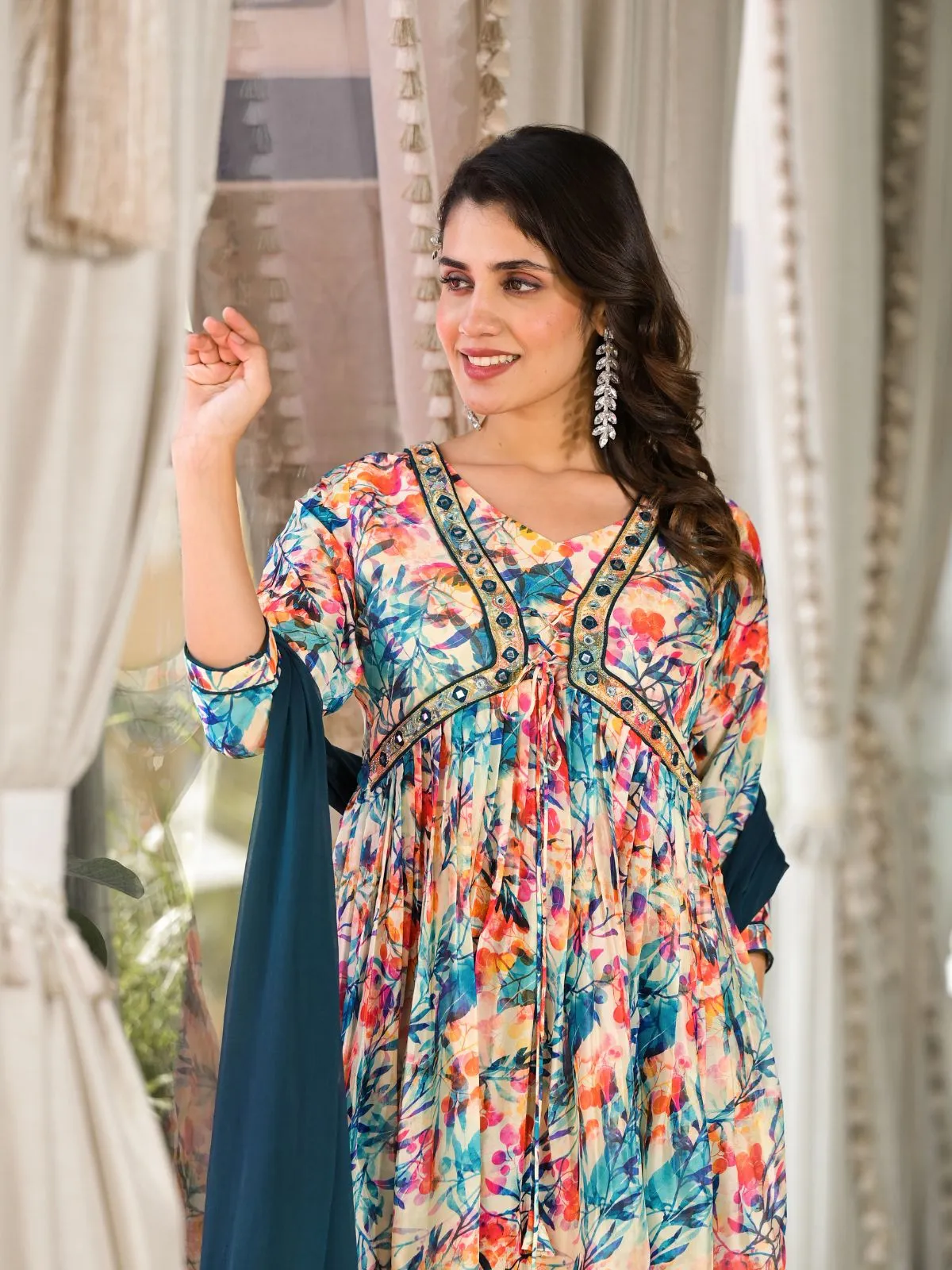 Odette Multicolor Printed Georgette Stitched Kurta Set For Women